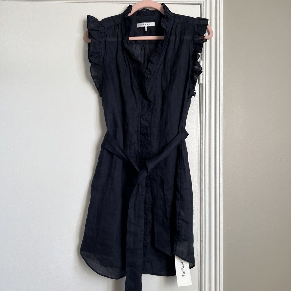 Frame XS Lauren Mini Dress Navy Ruffle Collar Belt Tie Button Up/EUC/no Cami